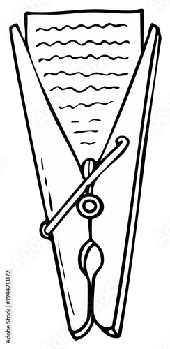 Ink drawing of a wooden clothespin holding a paper with handwritten text