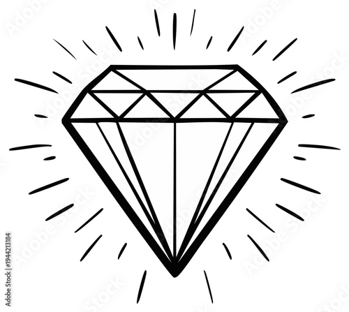 Black and white diamond with starburst design, jewel illustration