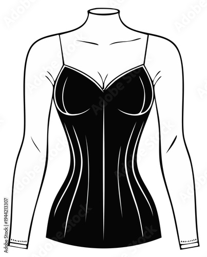 Stylized fashion illustration of a black corset top with spaghetti straps and a mock neck