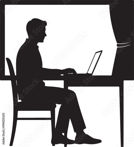 Side view black silhouette of a person focused on a laptop at a desk, representing freelance work, remote employment, or studying at home. , Generative Ai