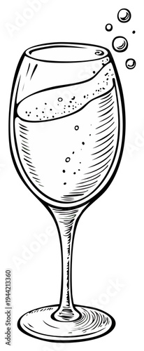 Hand Drawn Sketch of Sparkling Wine in a Tall Glass with Bubbles Rising
