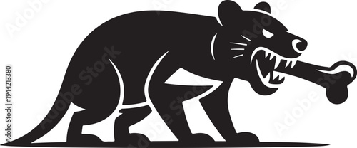 Angry Tasmanian Devil Silhouette Biting Bone, Isolated Graphic