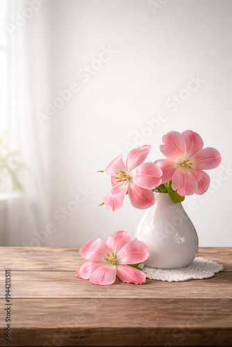 Rosa Tulpenblüten in weißer Vase auf Holztisch vor hellem Hintergrund