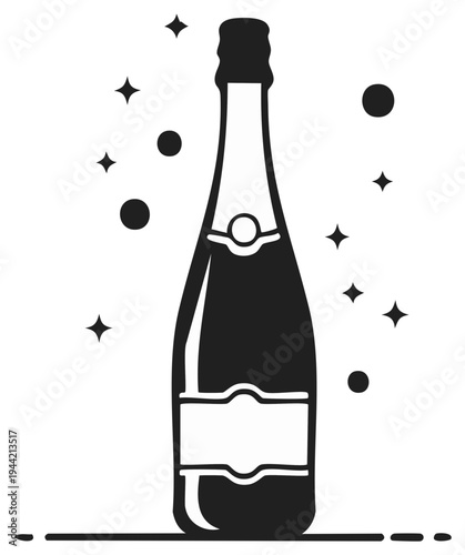 Black and White Celebration Icon Featuring a Sparkling Wine Bottle with Stars and Bubbles