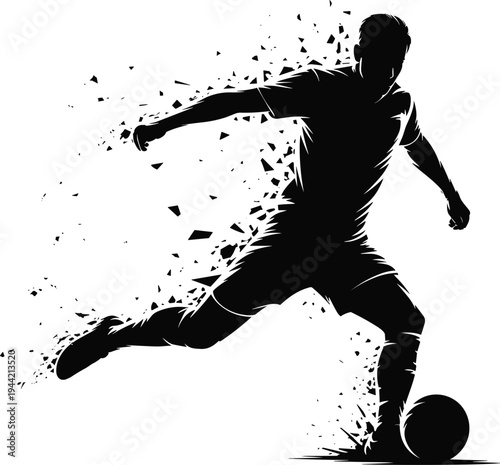 Soccer player silhouette, dynamic motion, fragmented design, sports concept, football action, athletic energy, digital effect, fitness, competition, teamwork