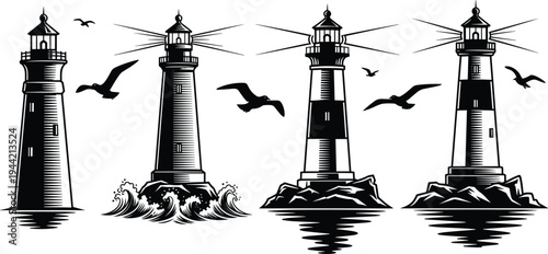 Lighthouse silhouette collection with flying seagulls and ocean waves, nautical coastal beacon towers maritime navigation vector illustration set