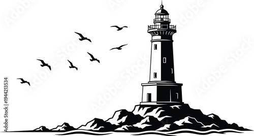 Lighthouse silhouette on rocky island with flying seagulls, maritime coastal beacon tower guiding ships across ocean waves vector illustration