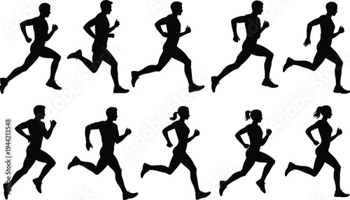 Running silhouettes, athletic motion, male and female runners, fitness concept, sports illustration, human stride, exercise, training, health, movement