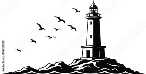 Lighthouse silhouette on rocky island with flying seagulls, nautical coastal beacon tower, ocean waves maritime navigation vector illustration