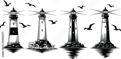Lighthouse silhouettes with flying seagulls and ocean waves, nautical coastal beacon towers maritime navigation vector illustration isolated set