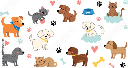 Cute Cartoon Dogs and Cats Vector Set with Paw Prints, Bones, Hearts and Pet Accessories for Kids Design
