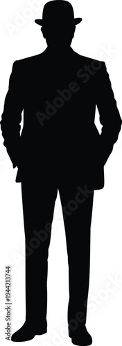 Vintage man silhouette, bowler hat, classic suit, formal attire, retro fashion, professional figure, anonymity concept, historical style, timeless icon