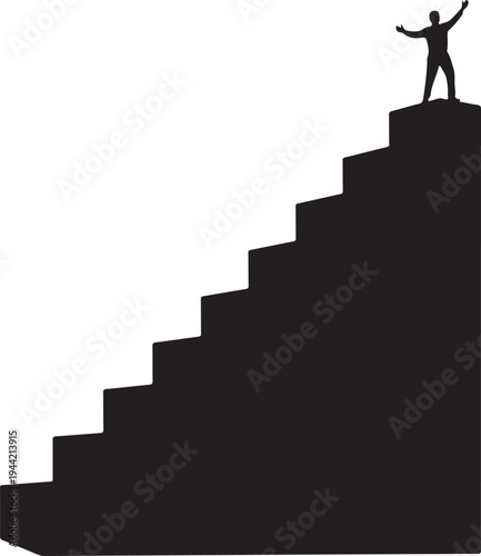 Black silhouette of a triumphant person celebrating at the top of a staircase, symbolizing success, achievement, and overcoming challenges. , Generative Ai