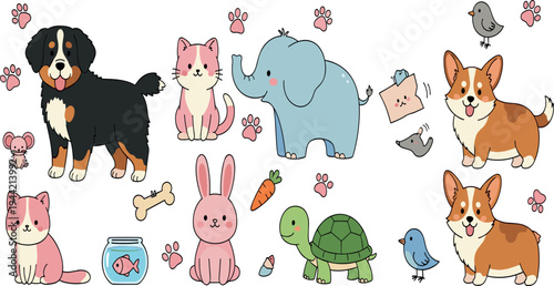 Cute Cartoon Pets and Animals Vector Set with Dog, Cat, Elephant, Rabbit, Turtle and Birds for Kids Nursery Design