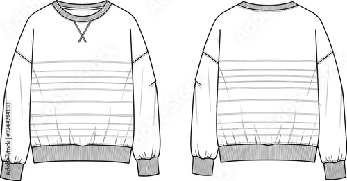 Crew neck sweatshirt sketch, ribbed cuffs fashion illustration, garment design template, apparel construction drawing, clothing pattern reference, casual relaxed outfit silhouette