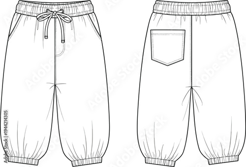 Cropped jogger pants sketch, elastic waistband fashion illustration, drawstring garment design template, apparel construction drawing, clothing pattern reference, sporty casual outfit silhouette