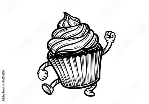 Funny Cartoon Cupcake Character Running with Joy.