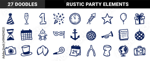 New Year celebration and party planning doodles for festive branding. Rustic marker sketch illustrations featuring midnight clock, champagne, and resolutions.