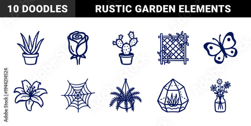 Hand-drawn botanical and garden elements for organic branding. Rustic naive marker sketch illustrations of flowers, cacti, and terrarium plants.