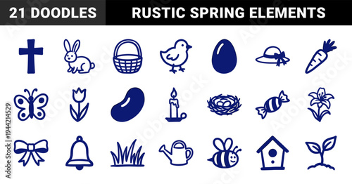 Easter and springtime hand-drawn elements for organic brand identity. Rustic, naive marker sketch illustrations featuring holiday and nature concepts.