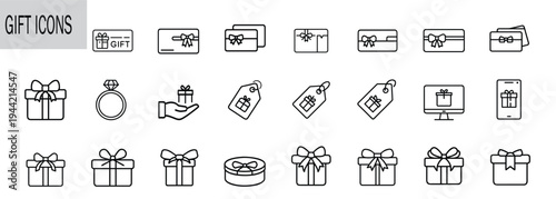 Gift and surprise present outline icon set featuring gift card and delivery package for holiday celebration and more vector illustration or editable stroke