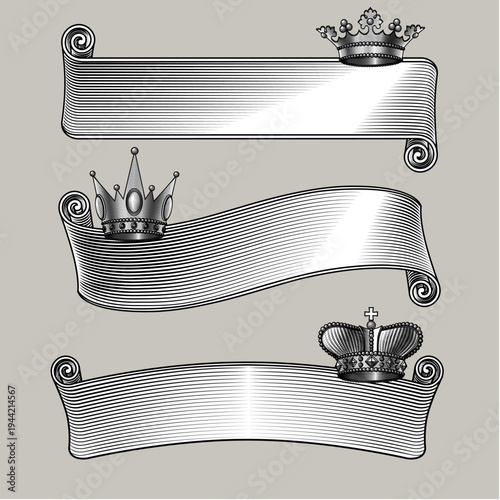Vintage black and white engraving drawing of a swirling ribbon banner with metal royal crowns, isolated on white. Set of retro VIP icons. Vector illustration