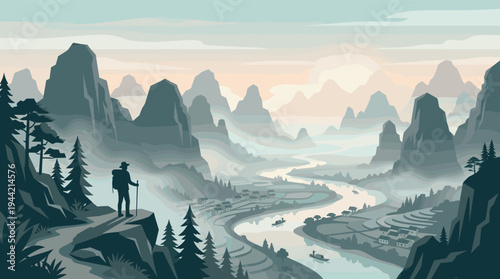 Stylized vector image of a hiker with backpack overlooking a serene mountain landscape featuring a winding river, distant villages, and a soft, muted color palette, ideal for travel or adventure theme