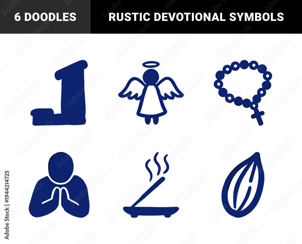 Obraz premium Hand-drawn religious and spiritual elements in a naive marker sketch style. Rustic blue devotional symbols for traditional cultural branding and stationery.
