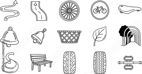 Collection of bicycle and outdoor activity icons in a simple line art style