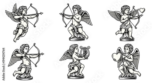 Set of Six Vintage Cupid Illustrations with Bows and Hearts.