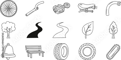 Collection of hand-drawn bicycle parts and outdoor elements for design