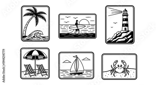 Collection of Six Vintage Beach and Ocean Themed Illustrations.