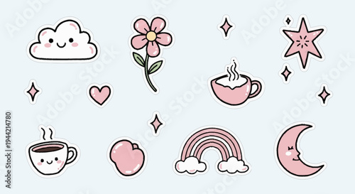 Cute Kawaii Elements Collection With Cloud Flower Star Moon.