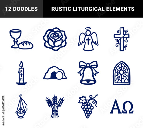 Hand-drawn Christian liturgical symbols and religious elements for church branding. Rustic, naive marker sketch illustrations of Easter and Catholic motifs.