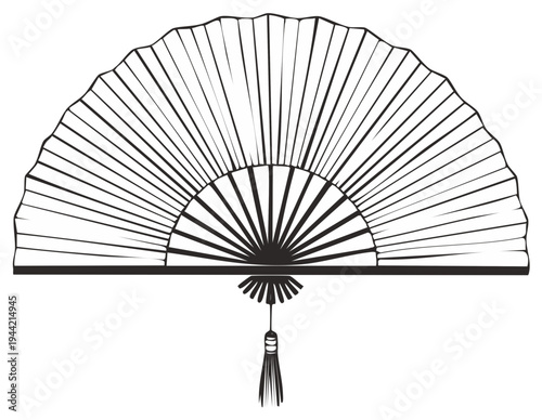Elegant hand fan illustration with ornate tassel, radial design of Asian origin for decoration, crafting or design projects.