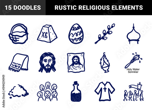 Eastern Orthodox Easter traditions and religious symbols in rustic hand-drawn doodle style. Naive marker sketch illustrations of Paskha, Willow, and Church rituals.