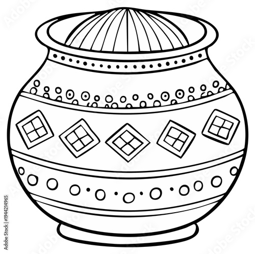 Artistic clay pot illustration with traditional patterns for coloring or design projects
