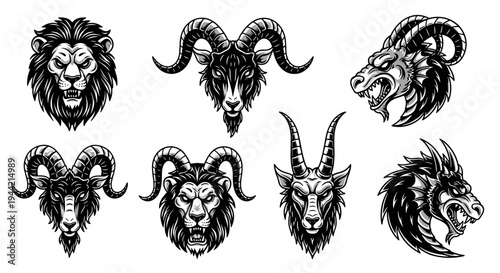 Collection of Mythical Creature Heads and Zodiac Symbols.