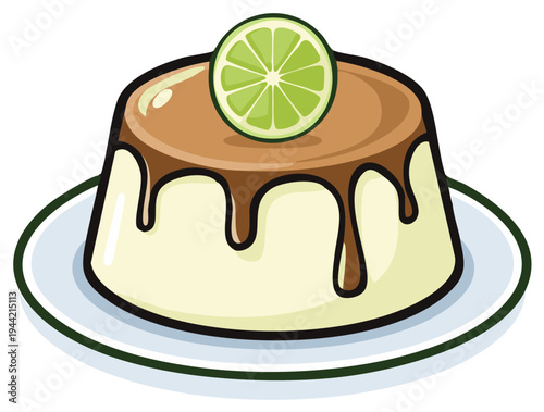 Delicious lime flavored flan dessert in cartoon style served on a plate, making it look delicious and appetizing