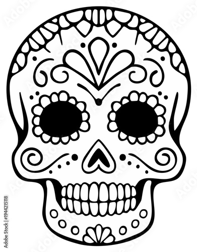 Ornate Black and White Sugar Skull Illustration with Traditional Decorative Patterns
