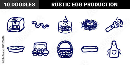 Hand-drawn poultry farming and egg production elements for rustic branding. Naive marker sketch illustrations of incubators, nests, and hatchery equipment.
