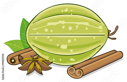 Gooseberry with Cinnamon Sticks and Star Anise Illustration