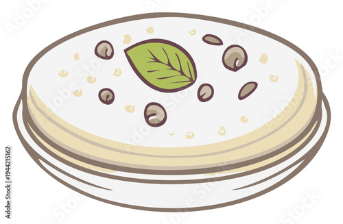 Cartoon illustration of a healthy yogurt bowl topped with nuts and fresh mint leaf