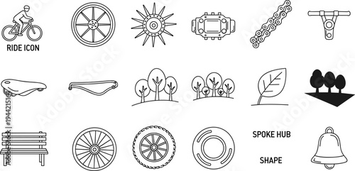 Collection of bicycle parts and nature icons in a simple line art style