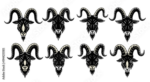 Collection of Eight Detailed Goat Head Illustrations.