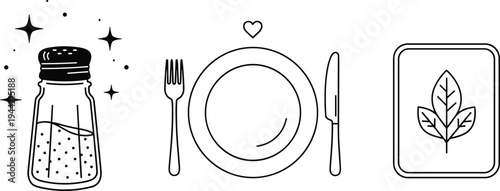 Dining food icon illustration set, seasoning organic artwork, healthy eating vector design, bold graphic symbol, black white lifestyle