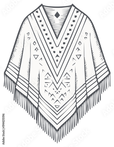 Hand Drawn Poncho Illustration Ethnic Clothing Design with Geometric Patterns and Fringe