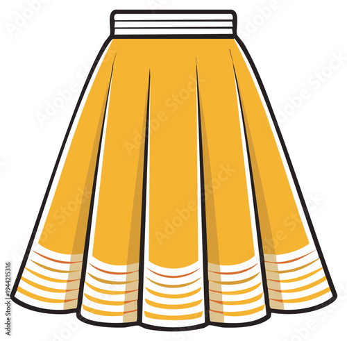 Vibrant Yellow Pleated Skirt Vector Illustration with Striped Hem Detail