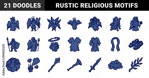 Hand-drawn biblical and angelic symbols for religious storytelling. Rustic blue marker sketch illustrations featuring seraphim and sacred motifs.