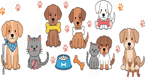 Cute Cartoon Puppies and Cat Vector Set with Dog Bowl, Bones, Paw Prints and Adorable Pet Characters